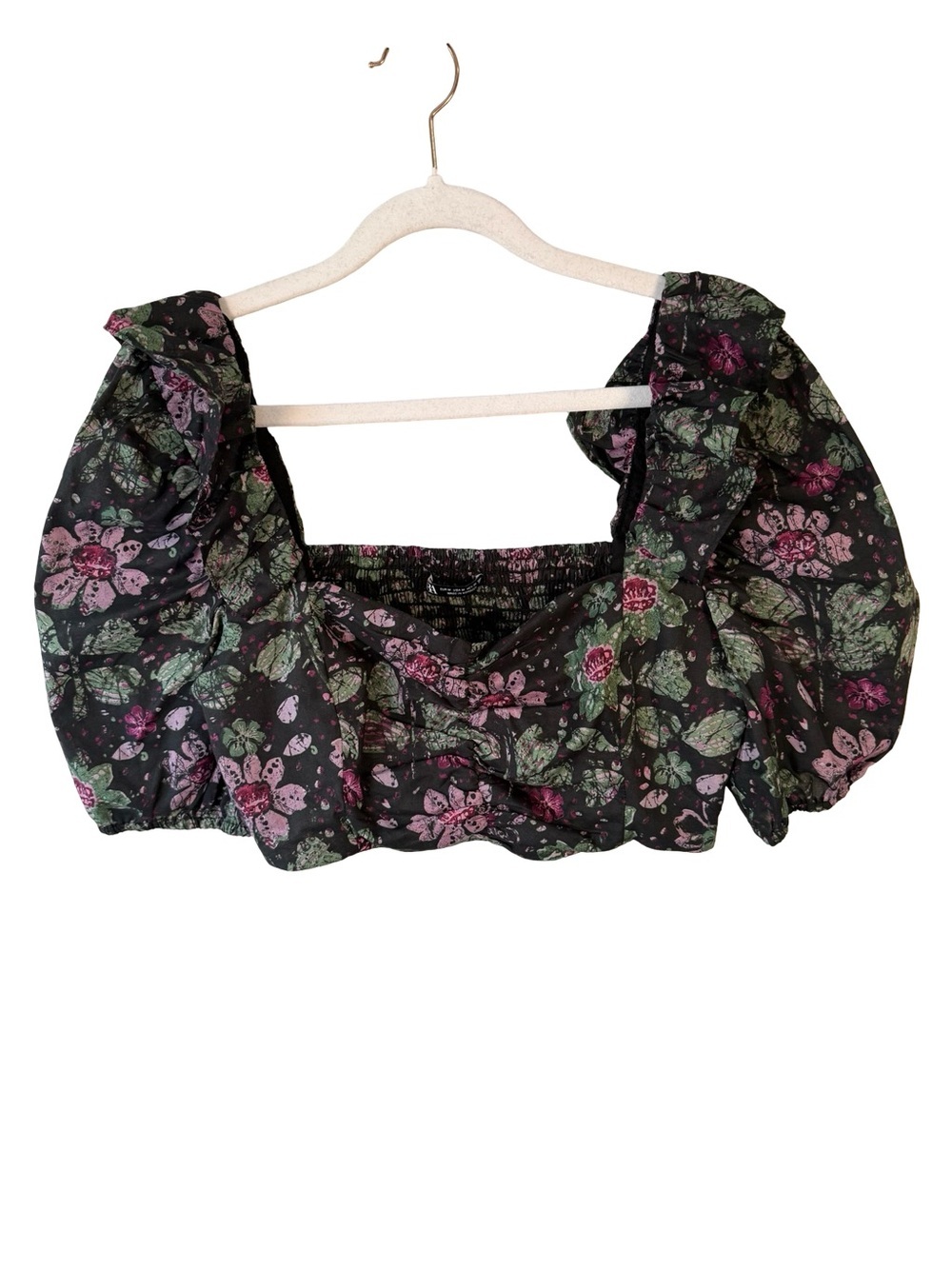 Zara Floral Puff-Sleeve Crop Top in Black and Green Size M Boho Festival - Picture 2 of 10